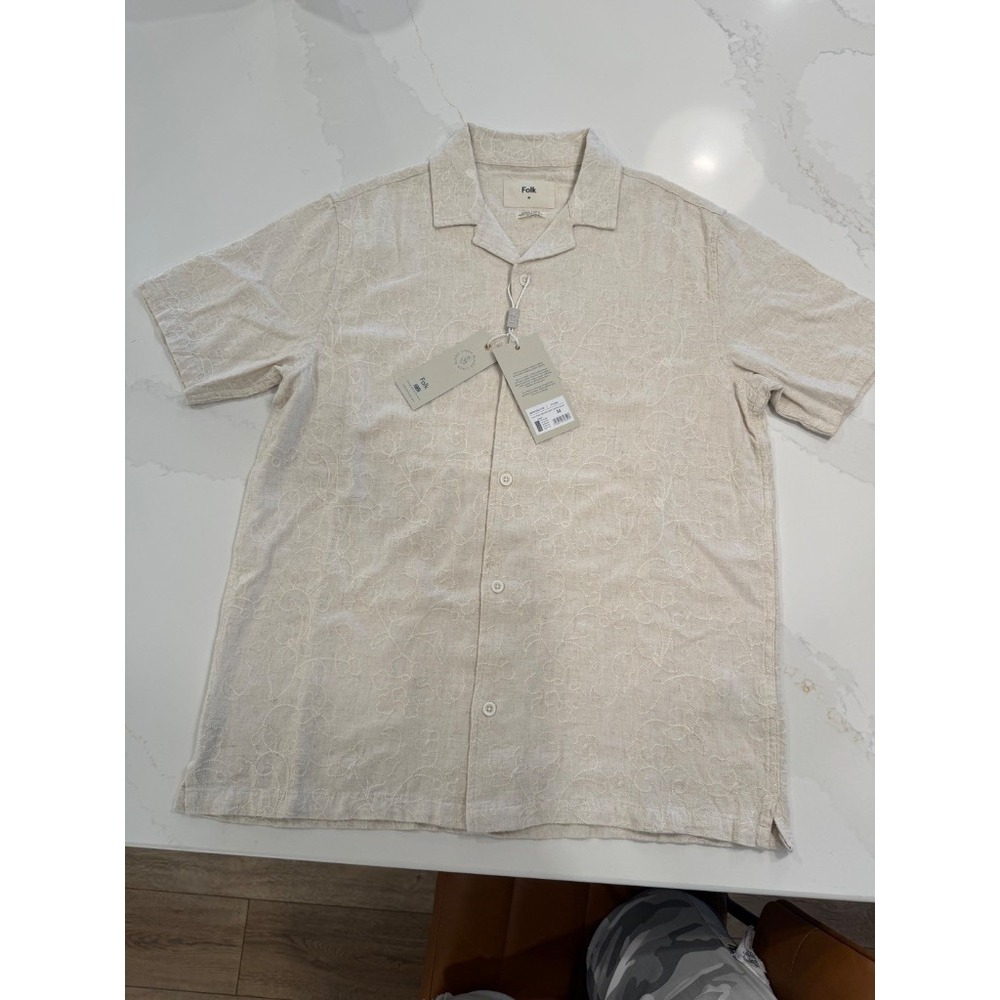 Folk Linen Blend Embroidered Short Sleeve Shirt Mens M Beige NWT Flow Stone